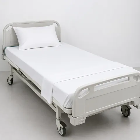 Hospital bed with a plain white sheet