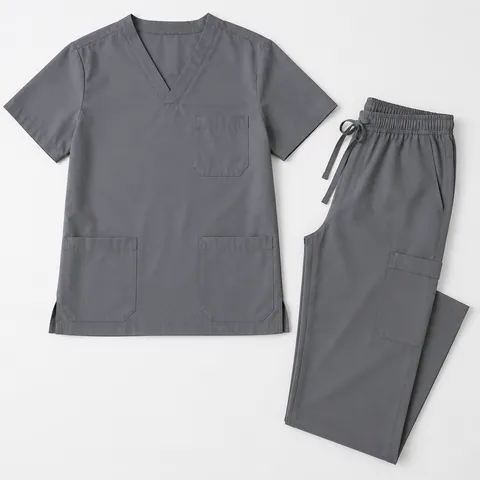 Steel grey scrub suit laid flat