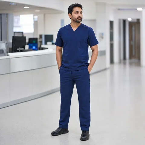 Healthcare professional in a navy scrub suit