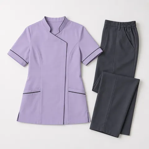 Lavender staff tunic with grey trousers