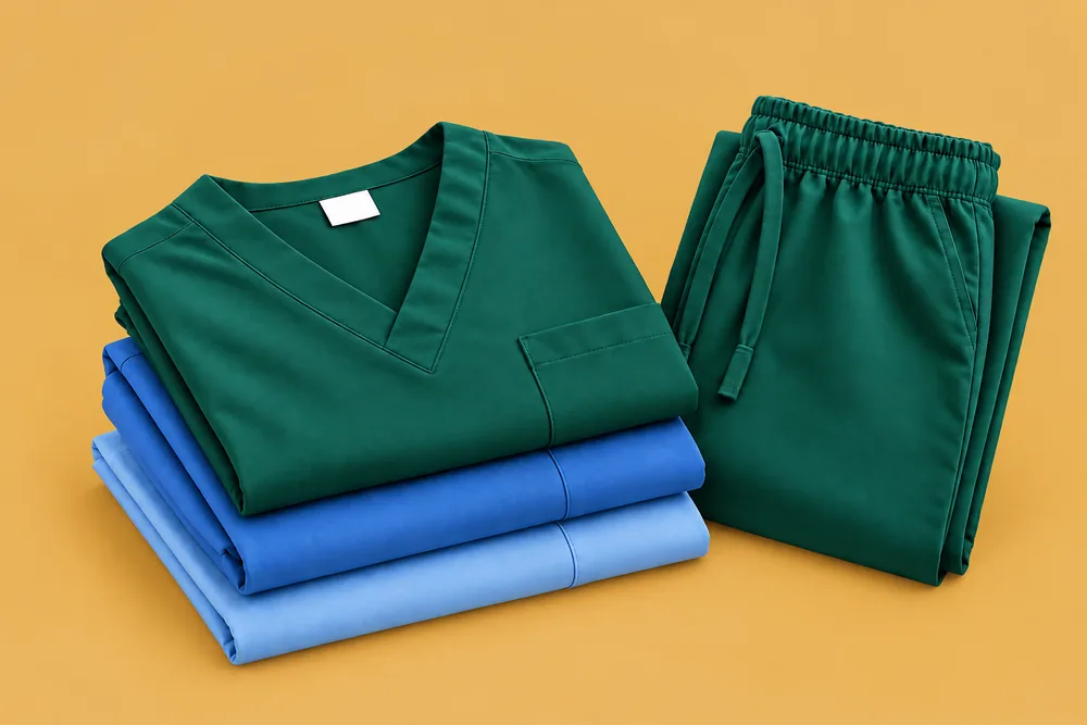 Folded green and blue scrub suits