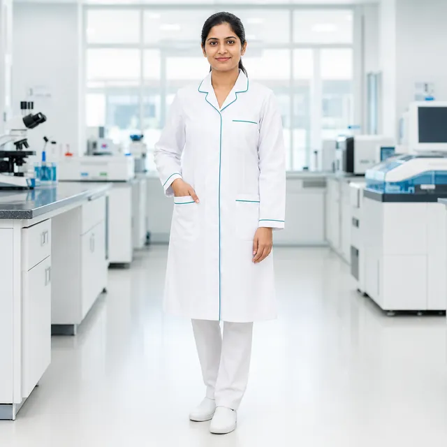 Female doctor wearing a white apron in a laboratory