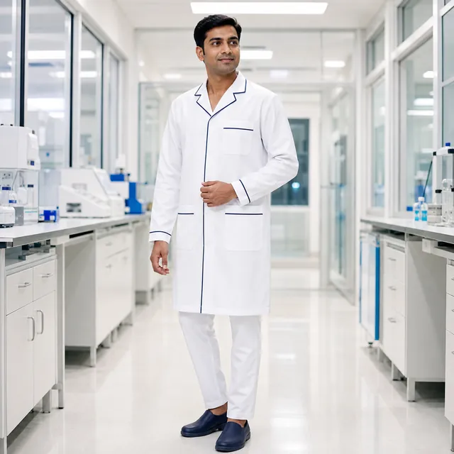 Male doctor wearing a white apron in a hospital corridor