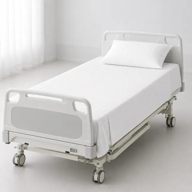 Hospital bed made with a white striped sheet and pillow cover
