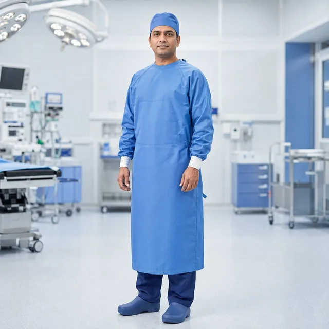 Surgeon wearing a blue reusable OT gown in an operating theatre