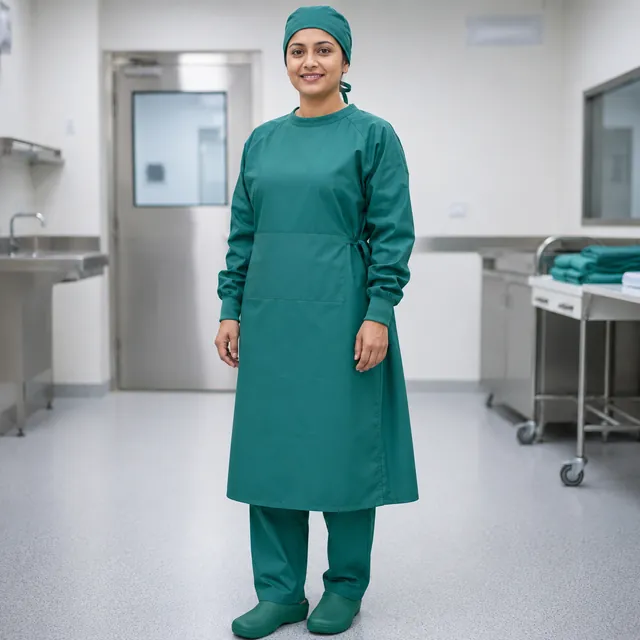 Surgeon wearing a green reusable OT gown