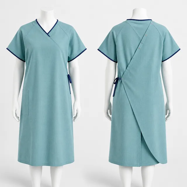 Teal patient gown shown from the front and back