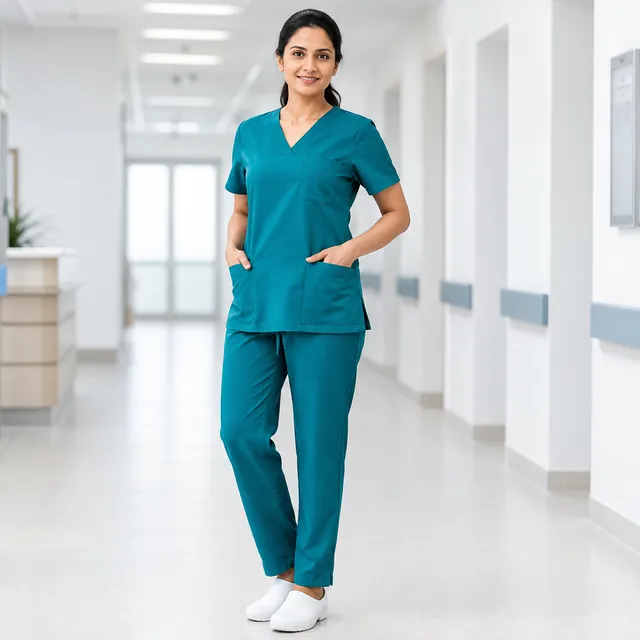 Healthcare professional wearing a teal scrub suit