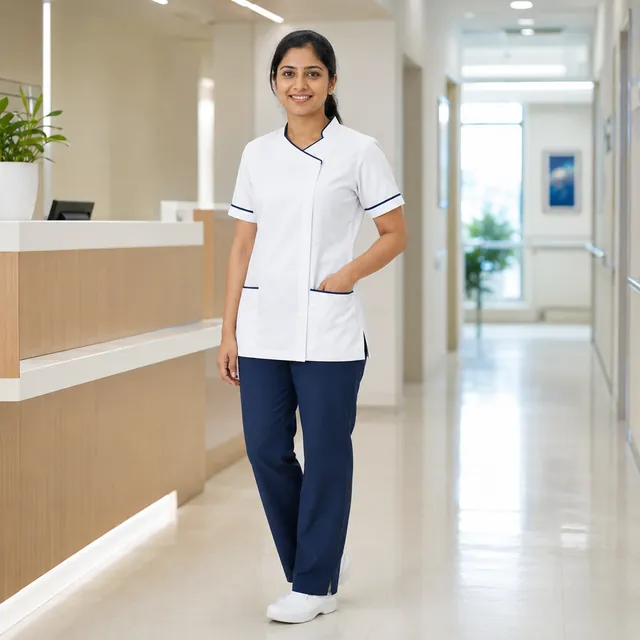 Nurse wearing a white tunic with navy trousers