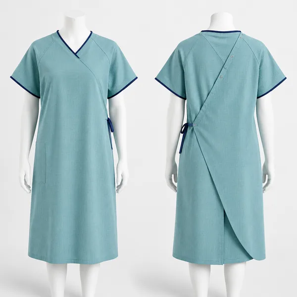 Light blue patient gown shown from the front and back