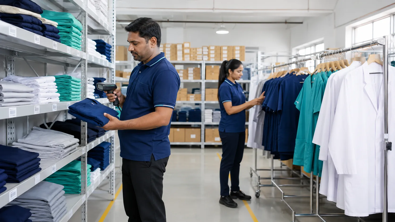 Staff scanning and organising healthcare uniforms in a warehouse