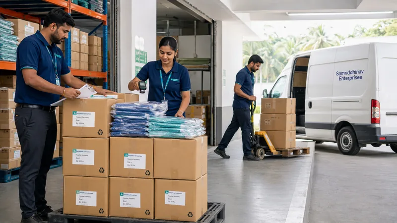 Staff preparing packed cartons for dispatch