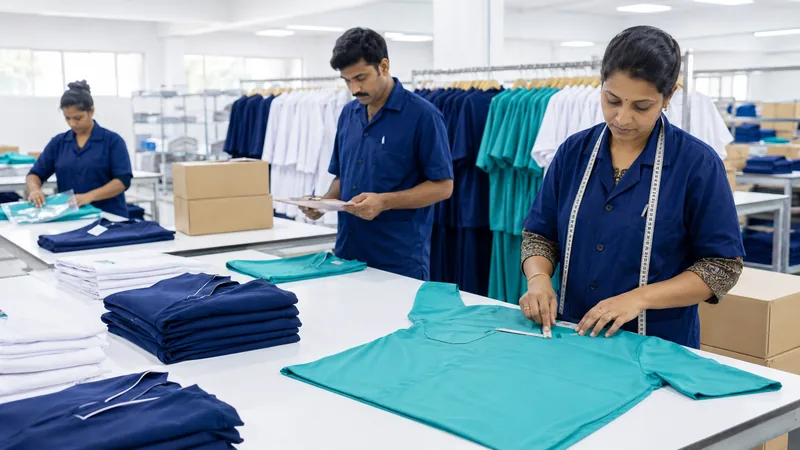 Staff measuring and folding scrubs at a work table