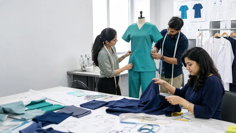 Team fitting a teal scrub top on a mannequin